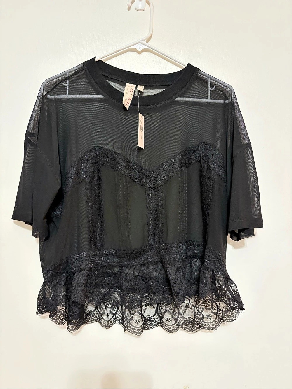 DOLAN lace-trim mesh top Black Size Medium NWT